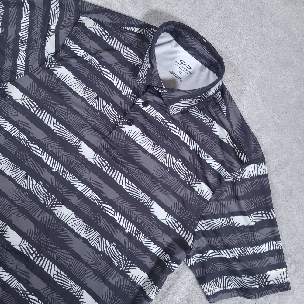 Snake Eyes Mens L Large Gray White Tropical Leaf Stripe Golf‎ Polo Shirt